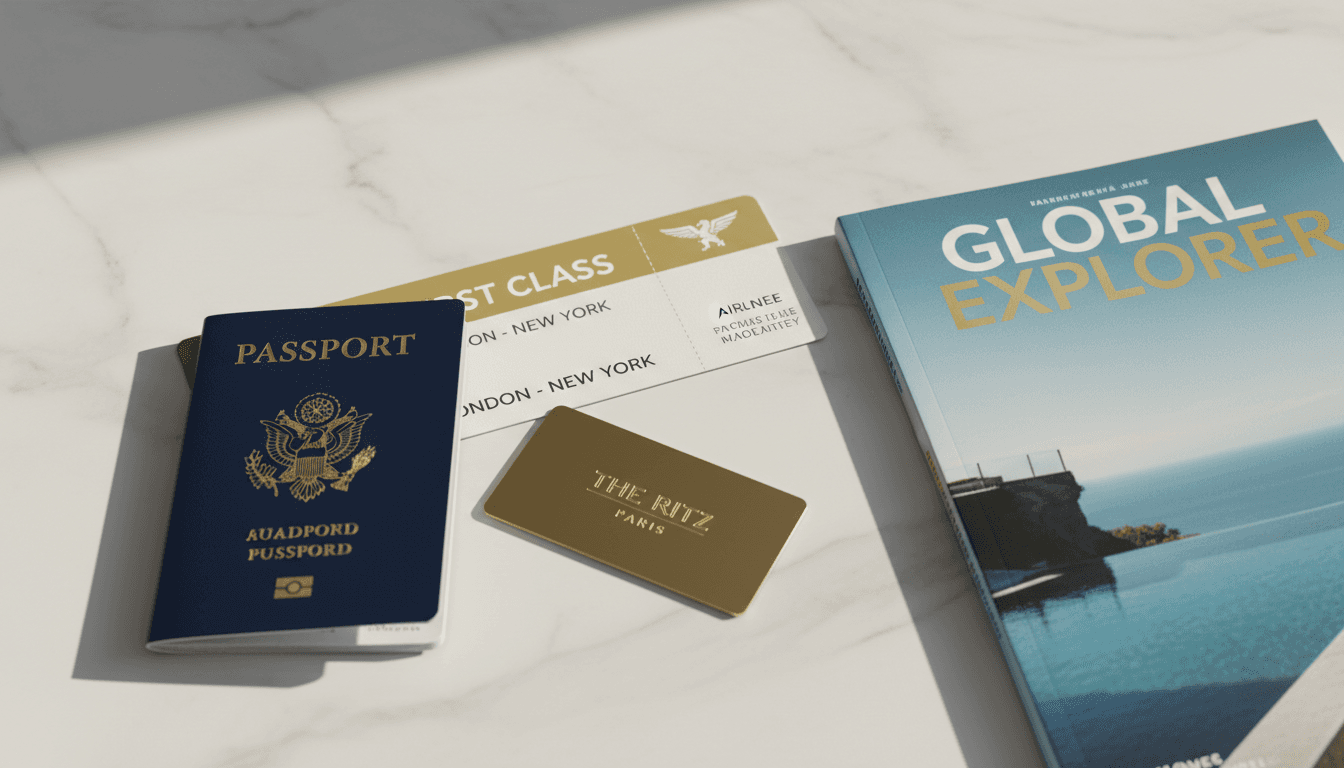 Detalles de viaje de lujo: pasaporte, pase de abordaje premium y llaves de hotel exclusivo