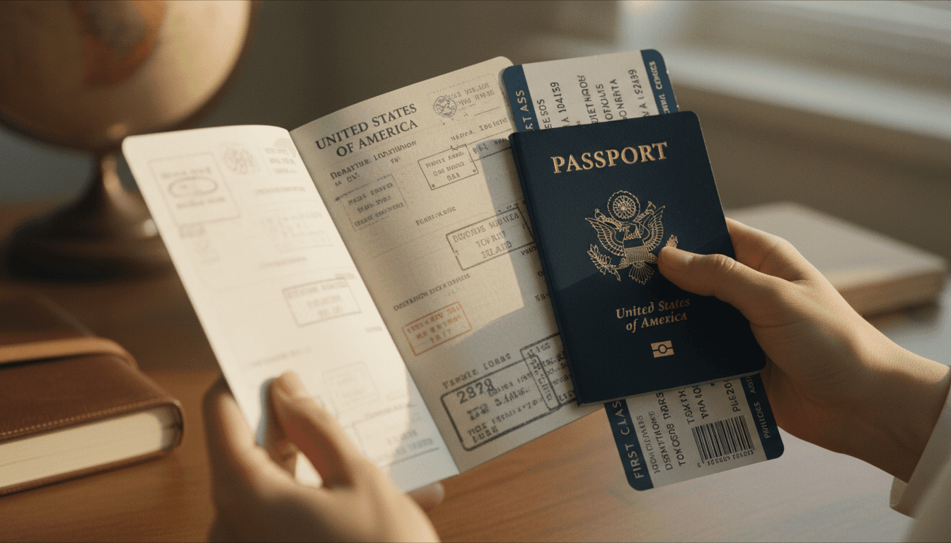 Detalle de pasaporte y boleto de lujo