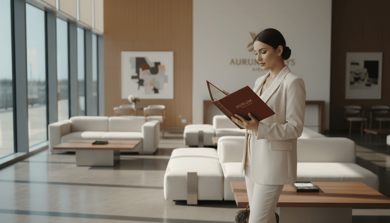 Mujer revisando itinerario de viaje en lounge de lujo
