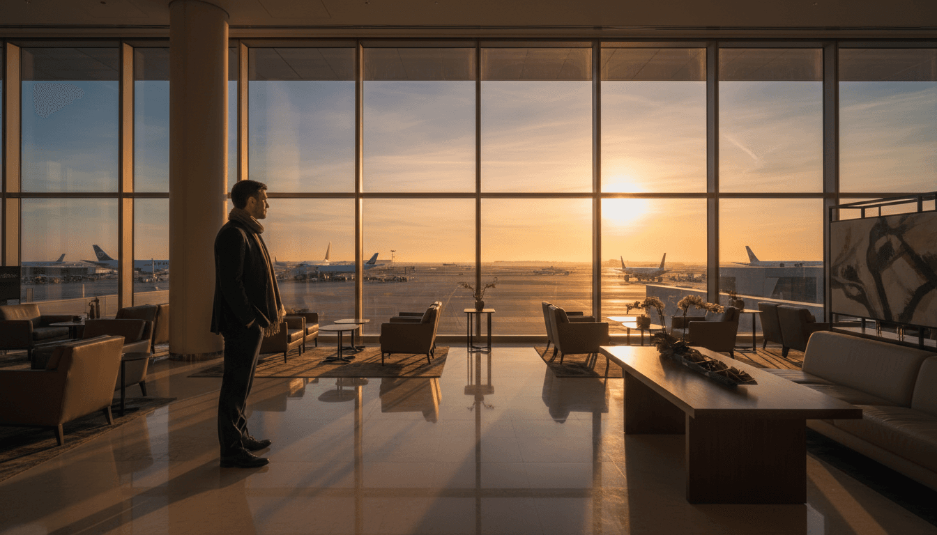 Viajero en una exclusiva sala VIP de aeropuerto contemplando el atardecer