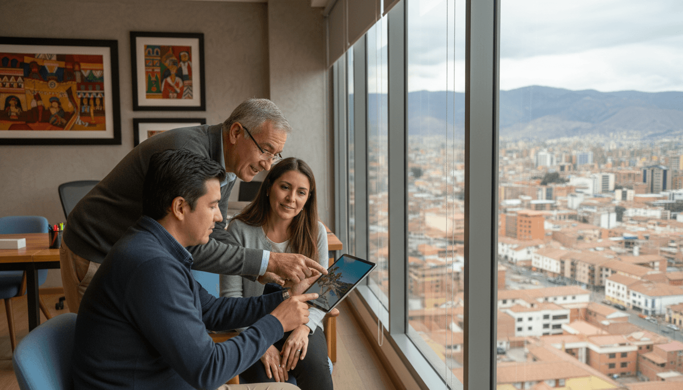 Asesor viajero mostrando opciones de destino premium