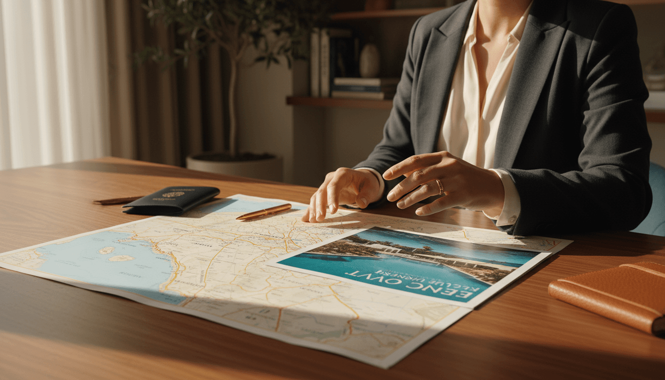 Consultor de viajes revisando itinerario personalizado en escritorio elegante
