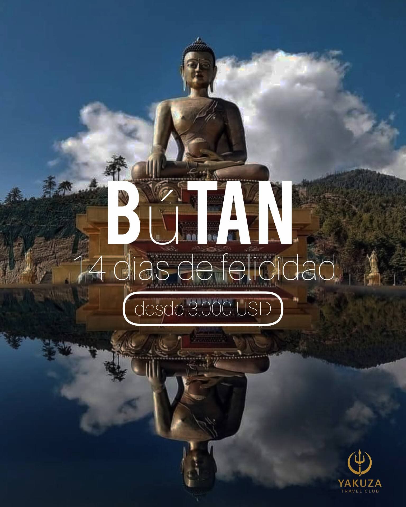 Majestic golden Buddha statue reflected in water, mountains, and sky, advertising Bhutan travel.