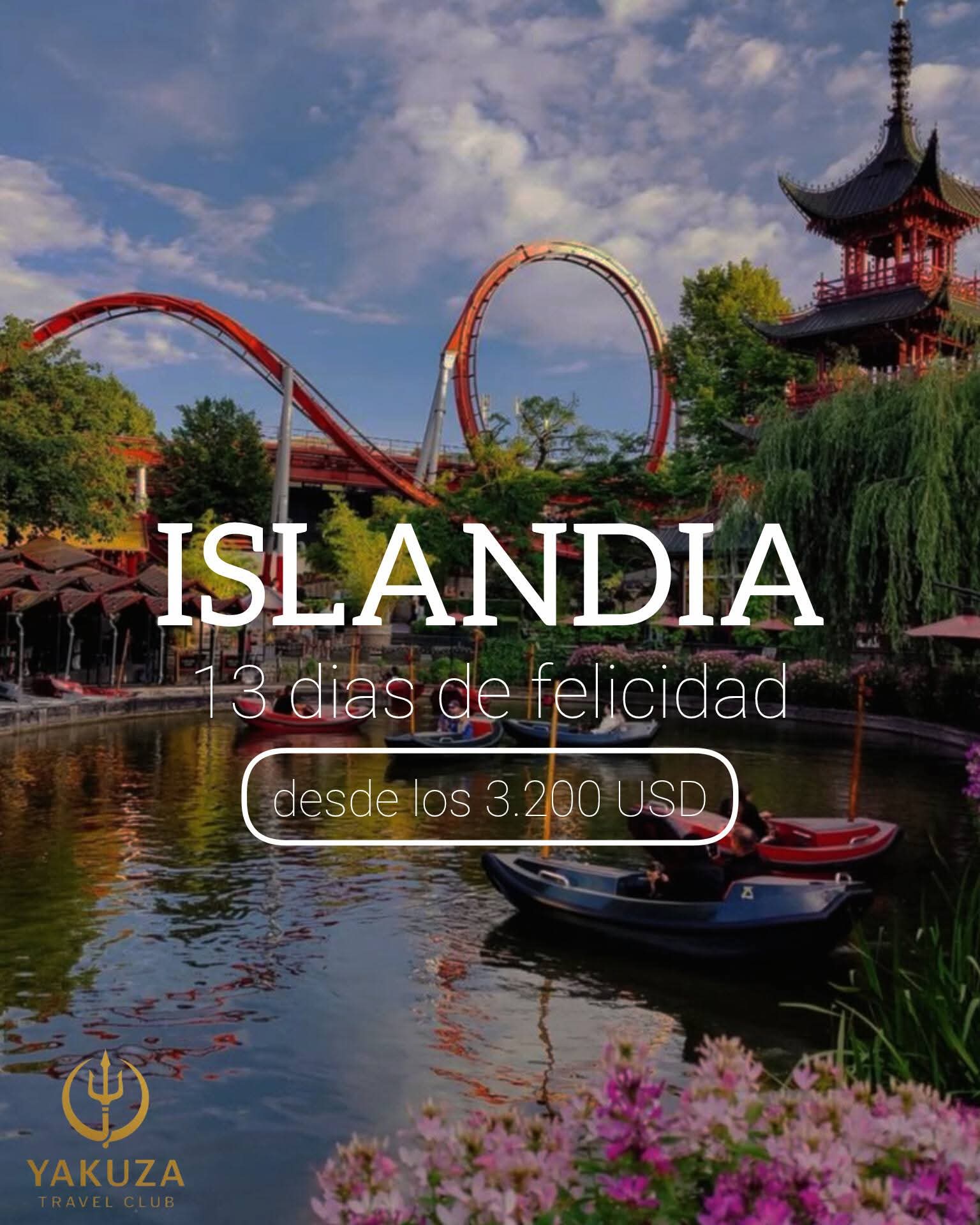 Theme park with red roller coaster, Asian pagoda, boats on water, and vibrant flowers.